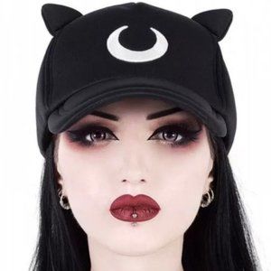 Killstar Cap With Kitty Ears, Ribbon Ties and Moon